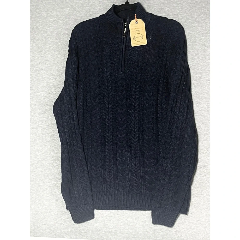 NWT Weatherproof Vintage Mens Dark Indigo Cable Knit Quarter Zip Sweater Sz Lg